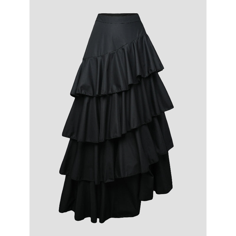 A-Line High Waisted Falbala Solid Color Long Skirts