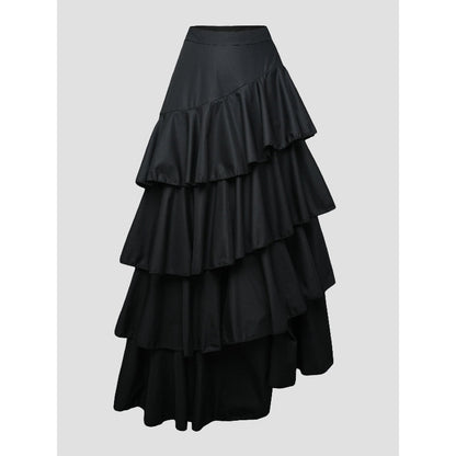 A-Line High Waisted Falbala Solid Color Long Skirts