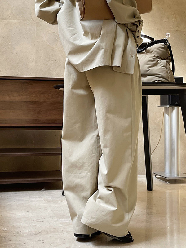 Original Loose Wide Legs Pleated Solid Color Pants