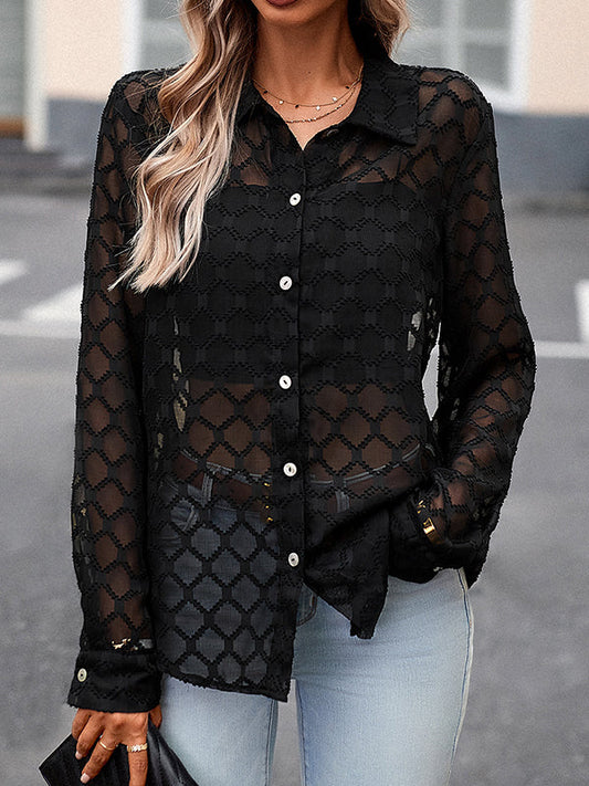 Long Sleeves Loose Buttoned Mesh See-Through Lapel Blouses&Shirts Tops