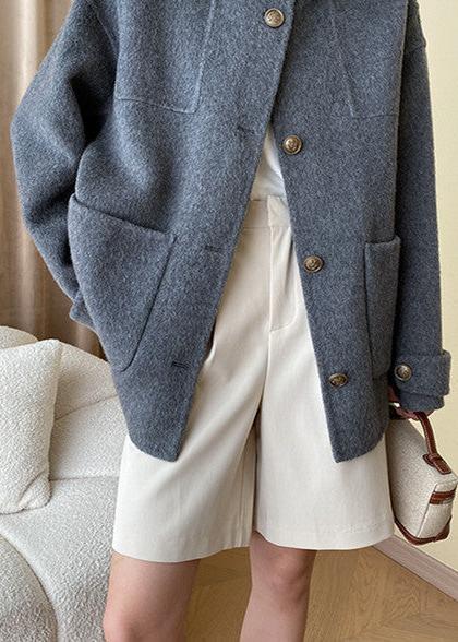 Wool Blend Buttoned Coat with Stand Collar