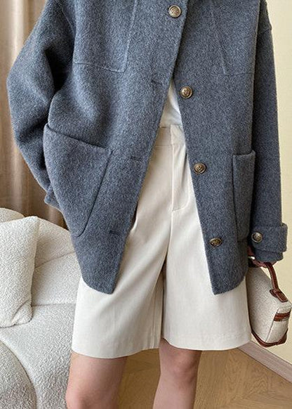 Wool Blend Buttoned Coat with Stand Collar
