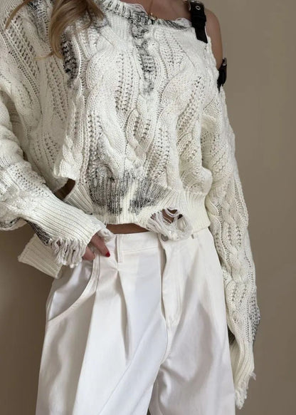 Asymmetrical Cable Knit Sweater With Buckle Details