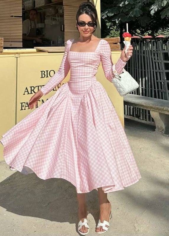 Long Sleeve Midi Dress Lightweight Pink Gingham