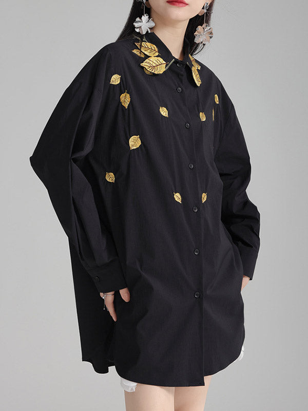 Long Sleeves Loose Buttoned Embroidered Split-Side Lapel Blouses&Shirts Tops