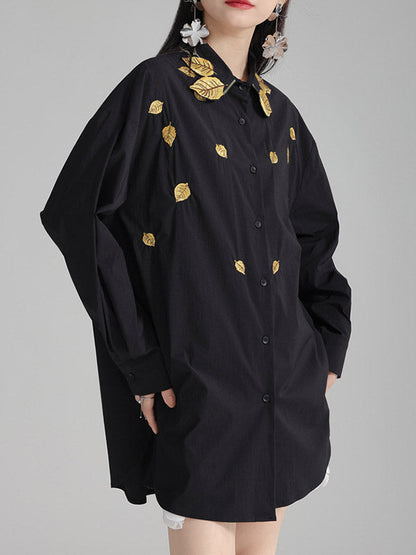 Long Sleeves Loose Buttoned Embroidered Split-Side Lapel Blouses&Shirts Tops