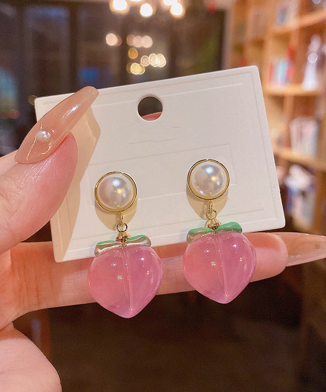 Cute Red Alloy Acrylic Pearl Peach Drop Earrings