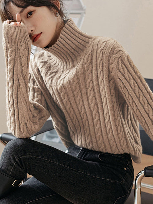 Casual Long Sleeves Loose Solid Color High-Neck Sweater Tops