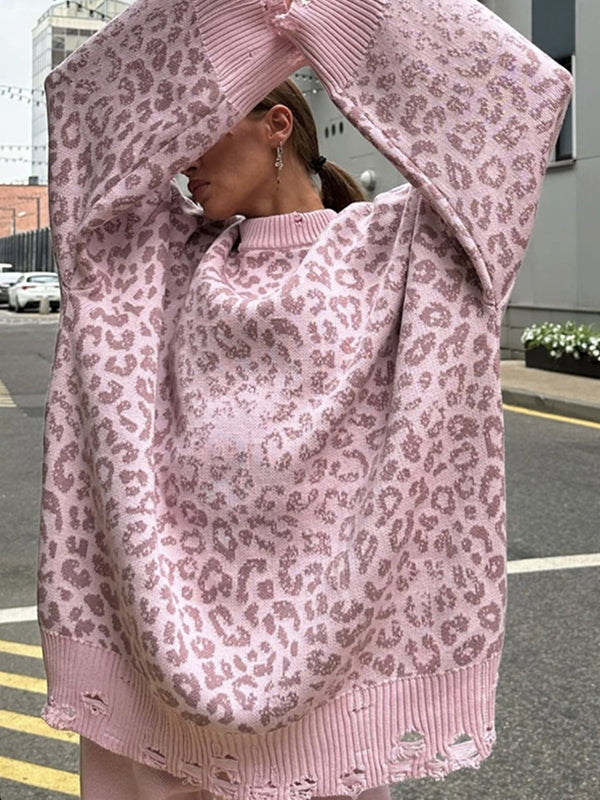 Long Sleeves Loose Hollow Knitted Letters Round-Neck Knitwear Pullovers Sweater Tops