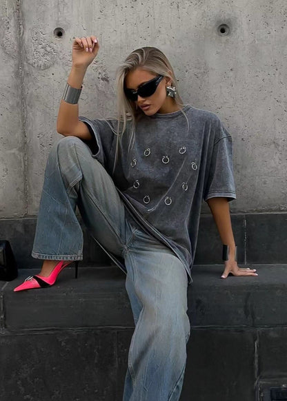 Oversized Cotton Tee With Metallic Ring Accents
