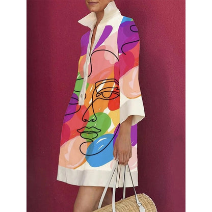 Loose Three-Quarter Sleeves Buttoned Contrast Color Figure Printed Lapel Collar Mini Dresses Short Dresses