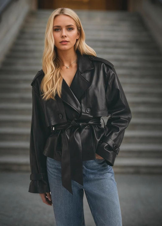 Faux Leather Cropped Belted Trench Jacket