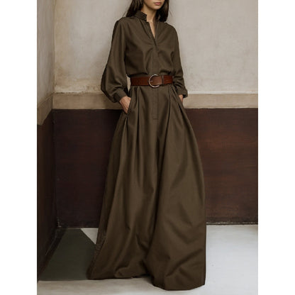 Long Sleeves Loose Buttoned No Belt Solid Color V-Neck Jumpsuits