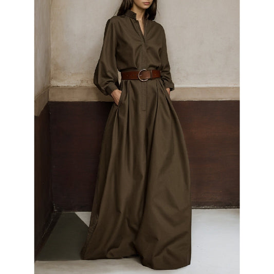 Long Sleeves Loose Buttoned No Belt Solid Color V-Neck Jumpsuits