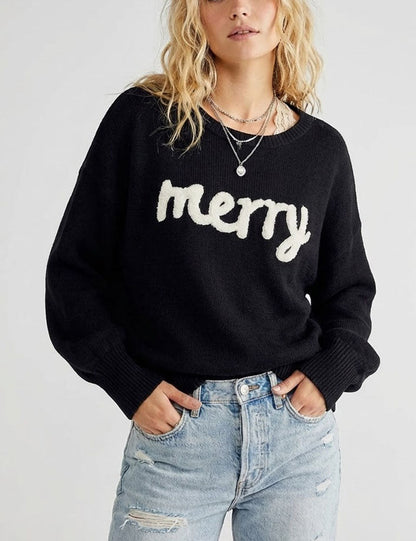 Knitted Graphic Round Neck Merry Pullover Sweater