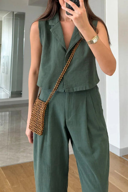 Casual Solid Lapel Vest \u0026 Pants Cotton Linen Two-piece Set