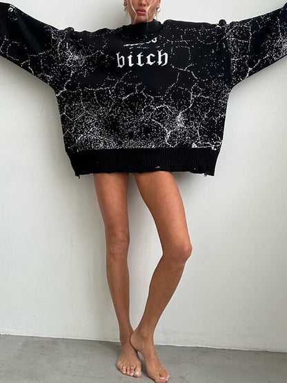 Long Sleeves Loose Hollow Knitted Letters Round-Neck Knitwear Pullovers Sweater Tops