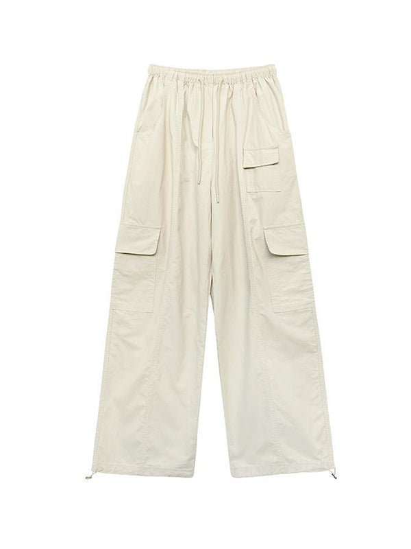 High Waisted Loose Drawstring Elasticity Pockets Solid Color Split-Joint Pants Trousers