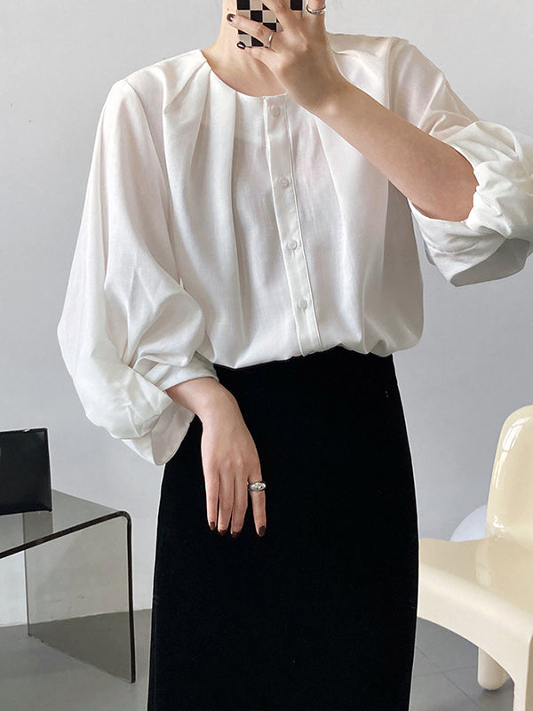 High-Low Loose Pleated See-Through Solid Color Split-Joint Round-Neck Blouses