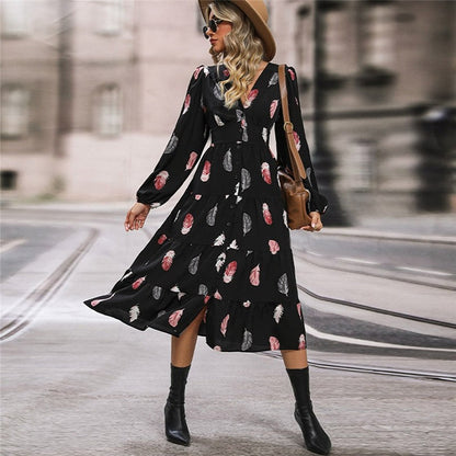 Women's V-Neck Balloon Sleeve Dress