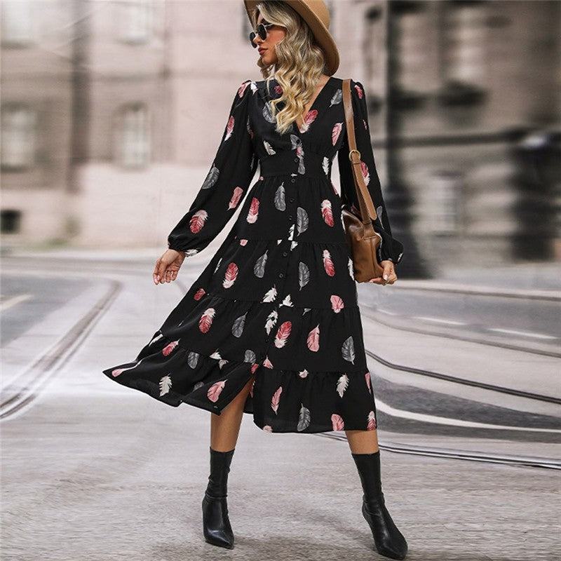 Women's V-Neck Balloon Sleeve Dress