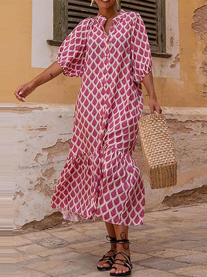 Half Sleeves Loose Buttoned Printed Stand Collar Midi Dresses