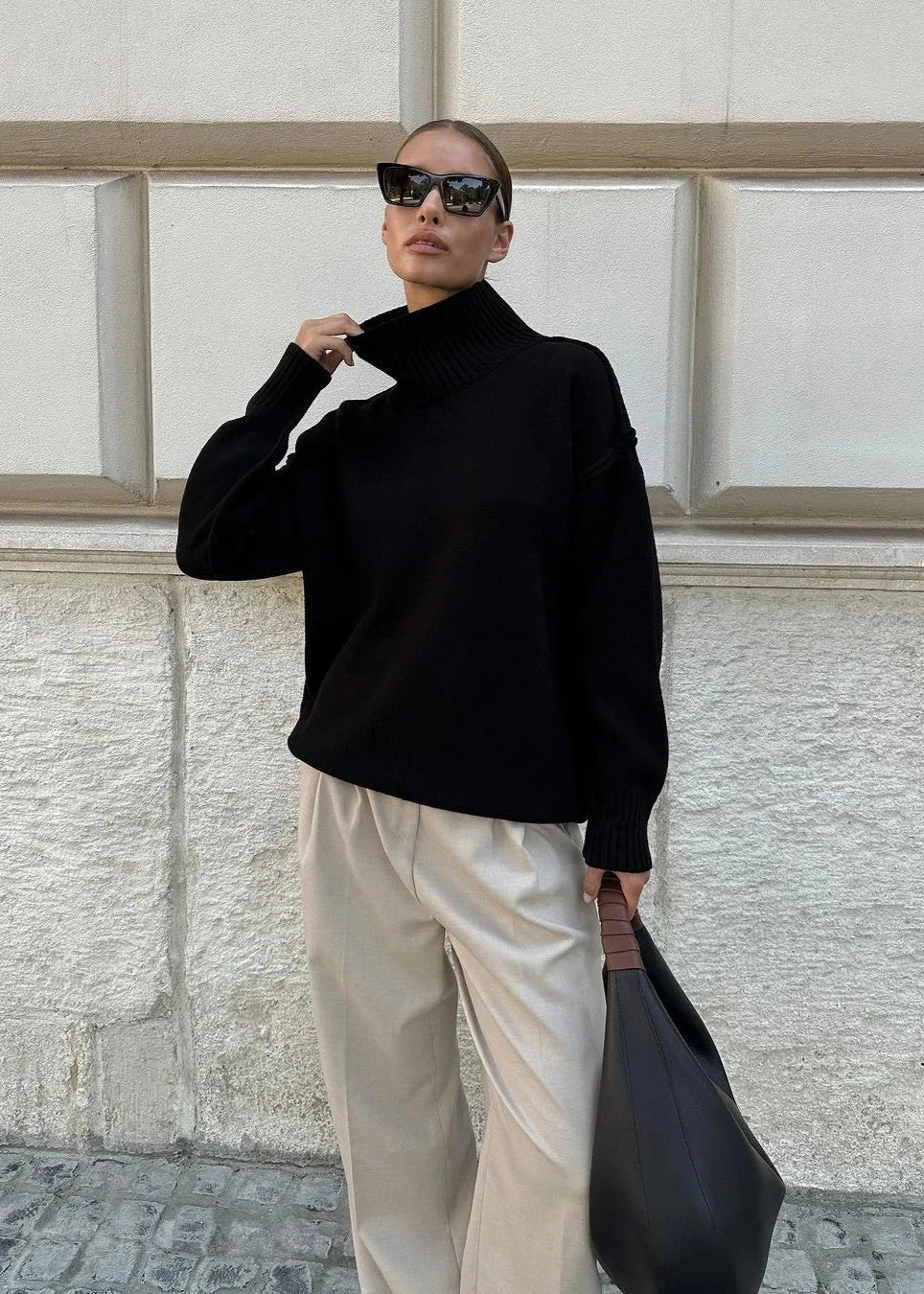 Cozy Knit Turtleneck Sweater With Patchwork