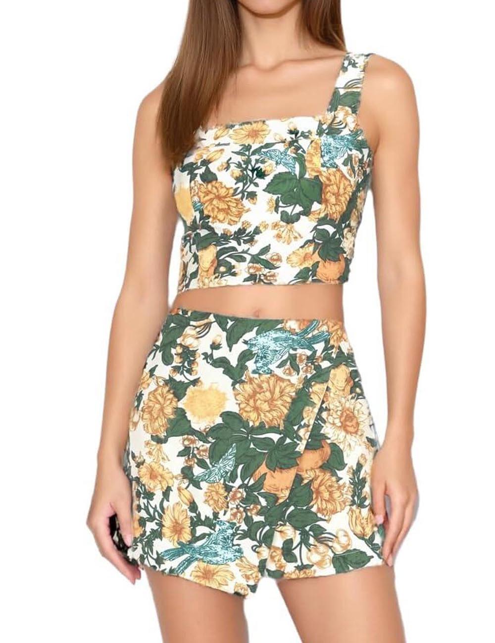 Trendy Printed Top Asymmetrical Mini Skirt Set
