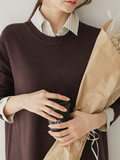 Urban Long Sleeves Loose Split-Side Solid Color Round-Neck Sweater Dresses