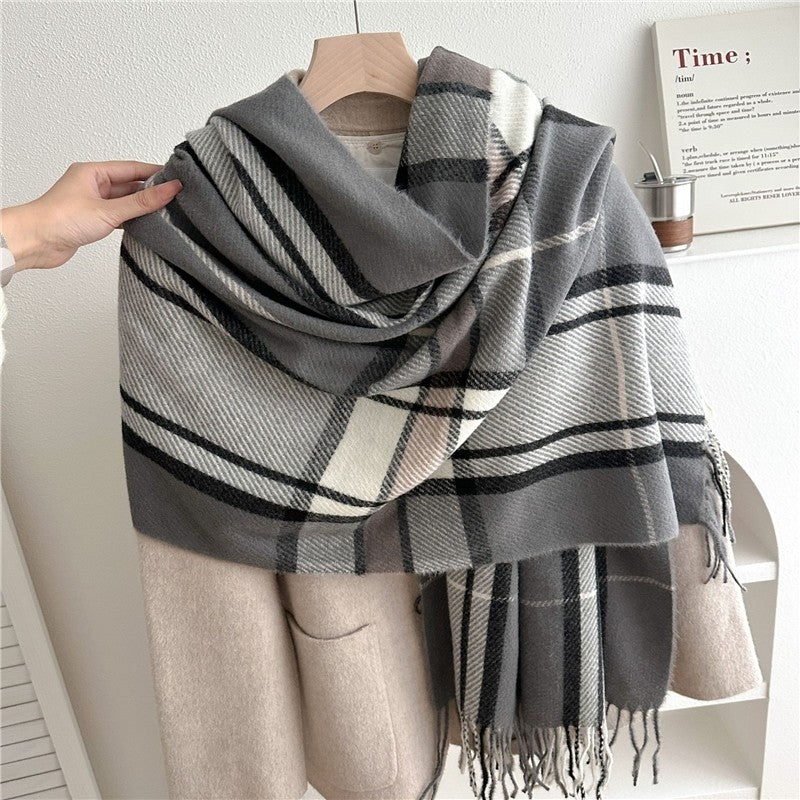 Color Block Plaid Fringe Scarf