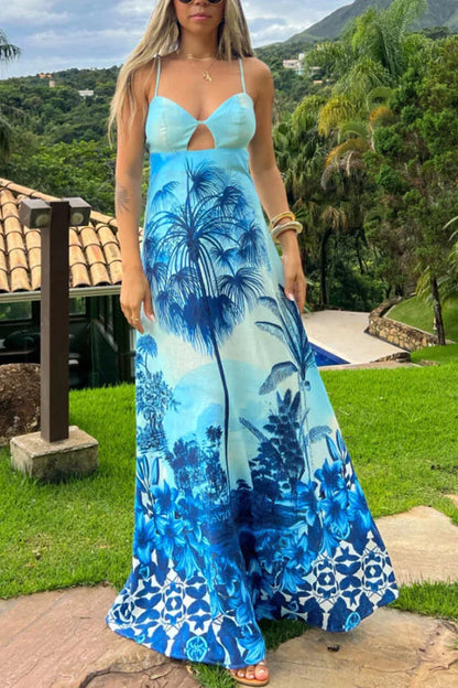 Vacation Blue Suspender Print Dress