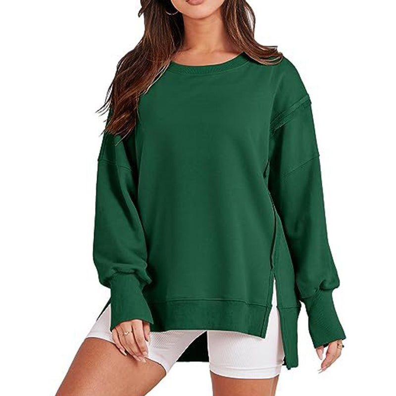 High-Low Long Sleeves Fringed Solid Color Split-Joint Split-Side Round-Neck Sweatershirt