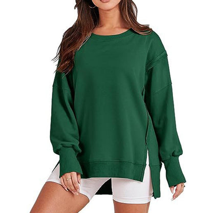 High-Low Long Sleeves Fringed Solid Color Split-Joint Split-Side Round-Neck Sweatershirt