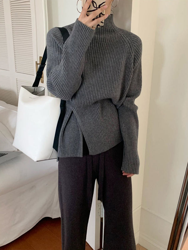 Urban Long Sleeves Split-Side Solid Color High-Neck Sweater Tops Pullovers