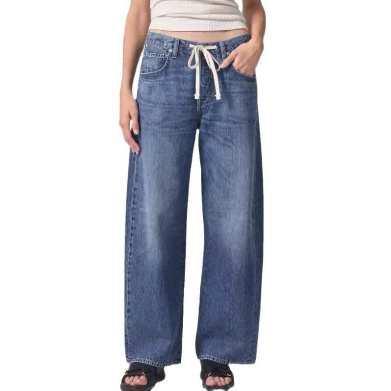 Distressed Loose Denim Pants Drawstring Jeans