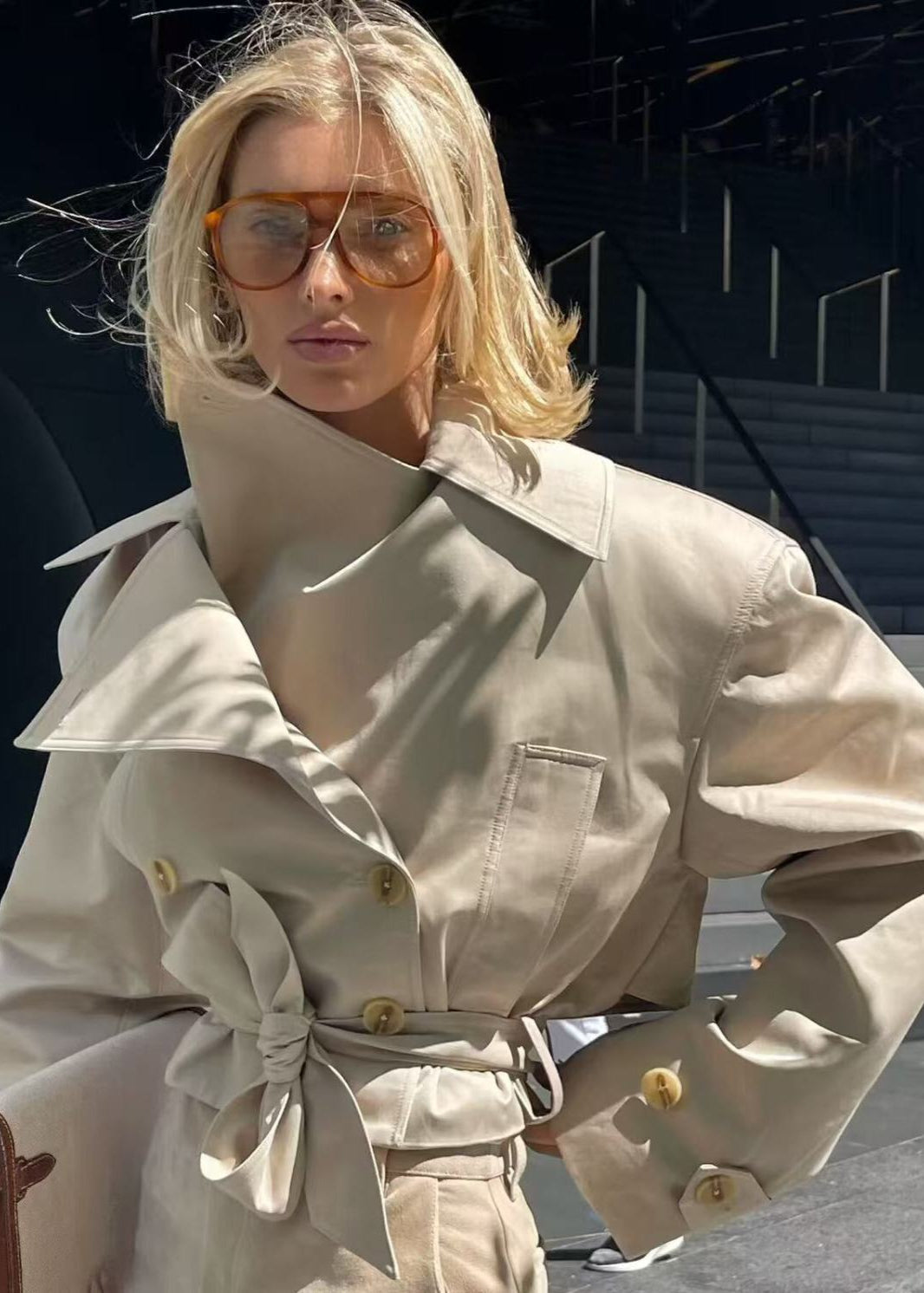 Cropped Belted Trench Jacket Polyester Matte Finish