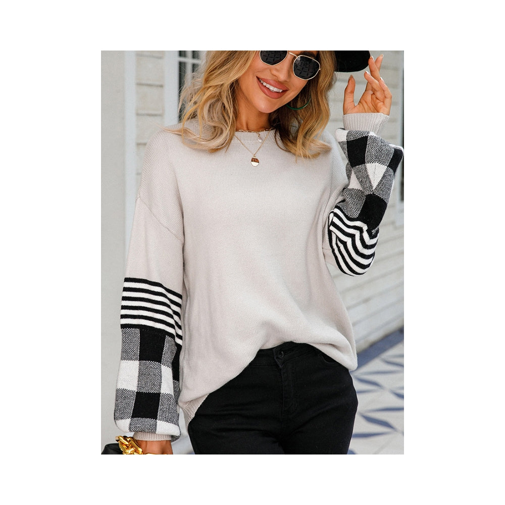 Casual Long Sleeves Loose Checkered Round-Neck Sweater Tops