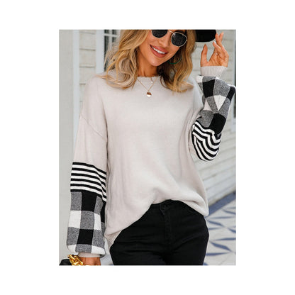 Casual Long Sleeves Loose Checkered Round-Neck Sweater Tops