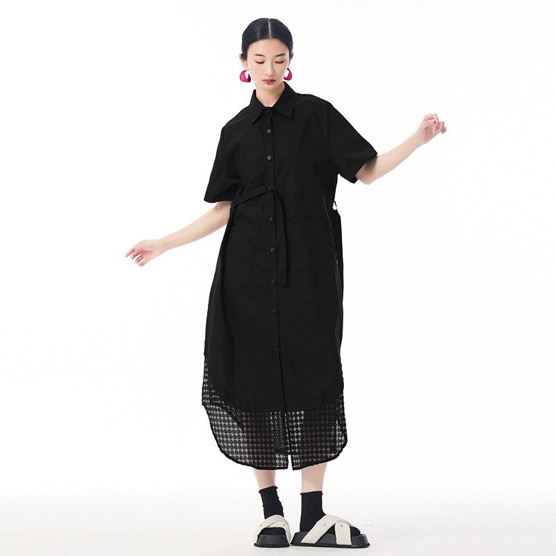 Mesh Panel Asymmetrical Collar Dress - Loose Fit, Trendy, Stylish Midi Dress With Unique Design