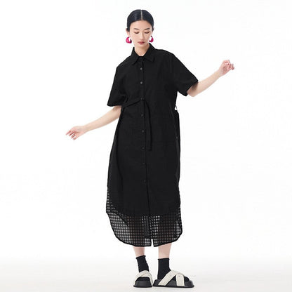 Mesh Panel Asymmetrical Collar Dress - Loose Fit, Trendy, Stylish Midi Dress With Unique Design