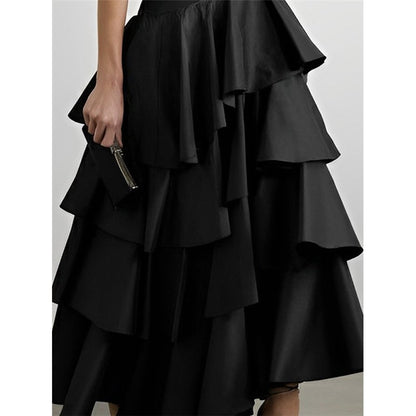 A-Line High Waisted Falbala Solid Color Long Skirts