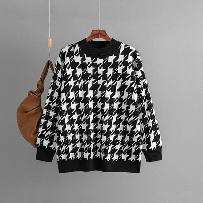 Houndstooth Crew Neck Loose Sweater