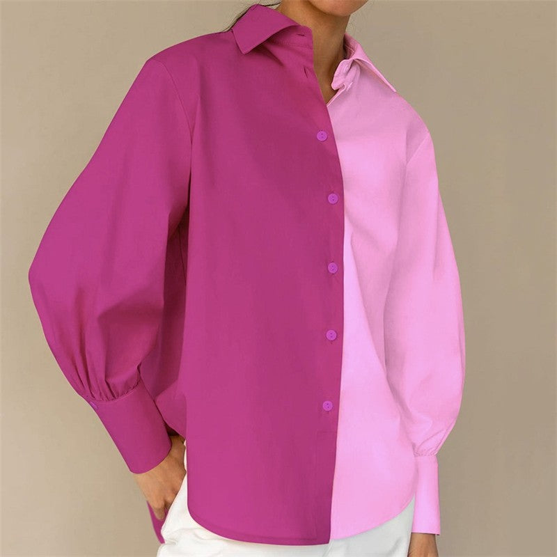 Contrast Color Lapel Long Sleeve Single Breasted Blouse