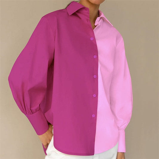 Contrast Color Lapel Long Sleeve Single Breasted Blouse