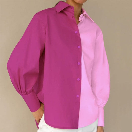 Contrast Color Lapel Long Sleeve Single Breasted Blouse