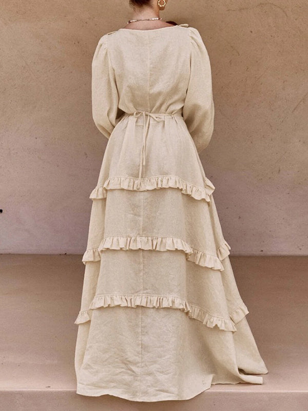 A-Line Long Sleeves Buttoned Elasticity Pleated Ruffle Trim Solid Color Split-Joint Tied Waist Deep V-Neck Maxi Dresses