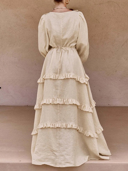 A-Line Long Sleeves Buttoned Elasticity Pleated Ruffle Trim Solid Color Split-Joint Tied Waist Deep V-Neck Maxi Dresses