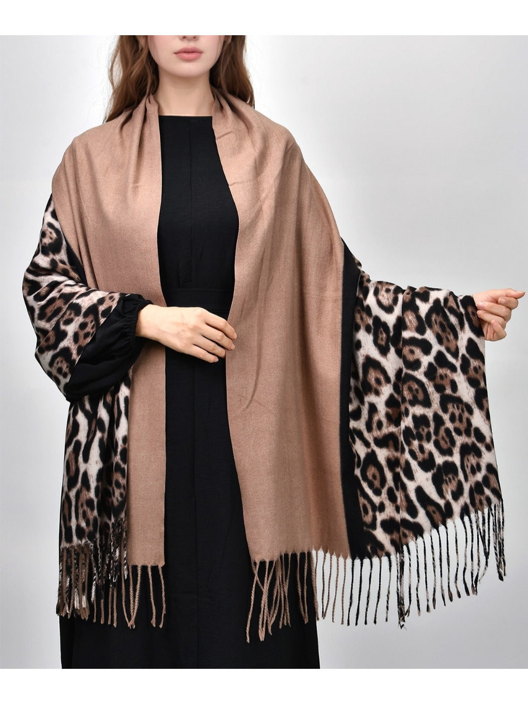 Sscarvii - Leopard Print Tassel Winter Scarf