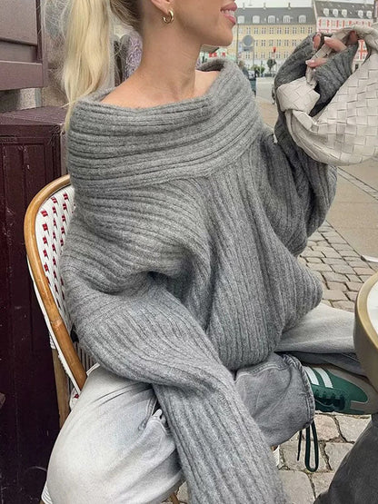 Long Sleeves Loose Pleated Solid Color Split-Joint Off-The-Shoulder Sweater