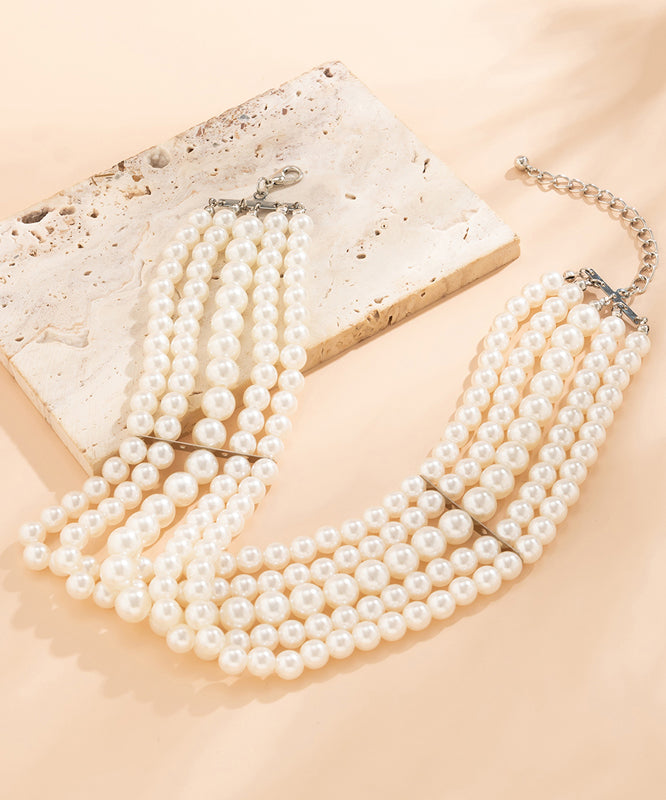 Elegant White Metal Multi Layer Pearl Necklace
